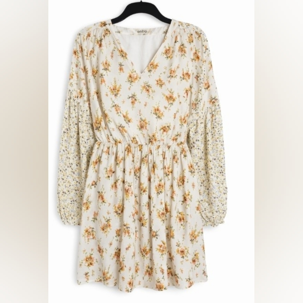 Entro Floral Babydoll Dress Balloon Sleeve V-Neck Small